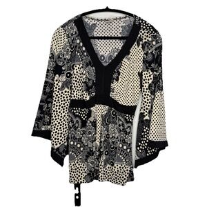 International Newport Group Black Cream Bell Sleeve Y2K Tie Waist Flower Boho